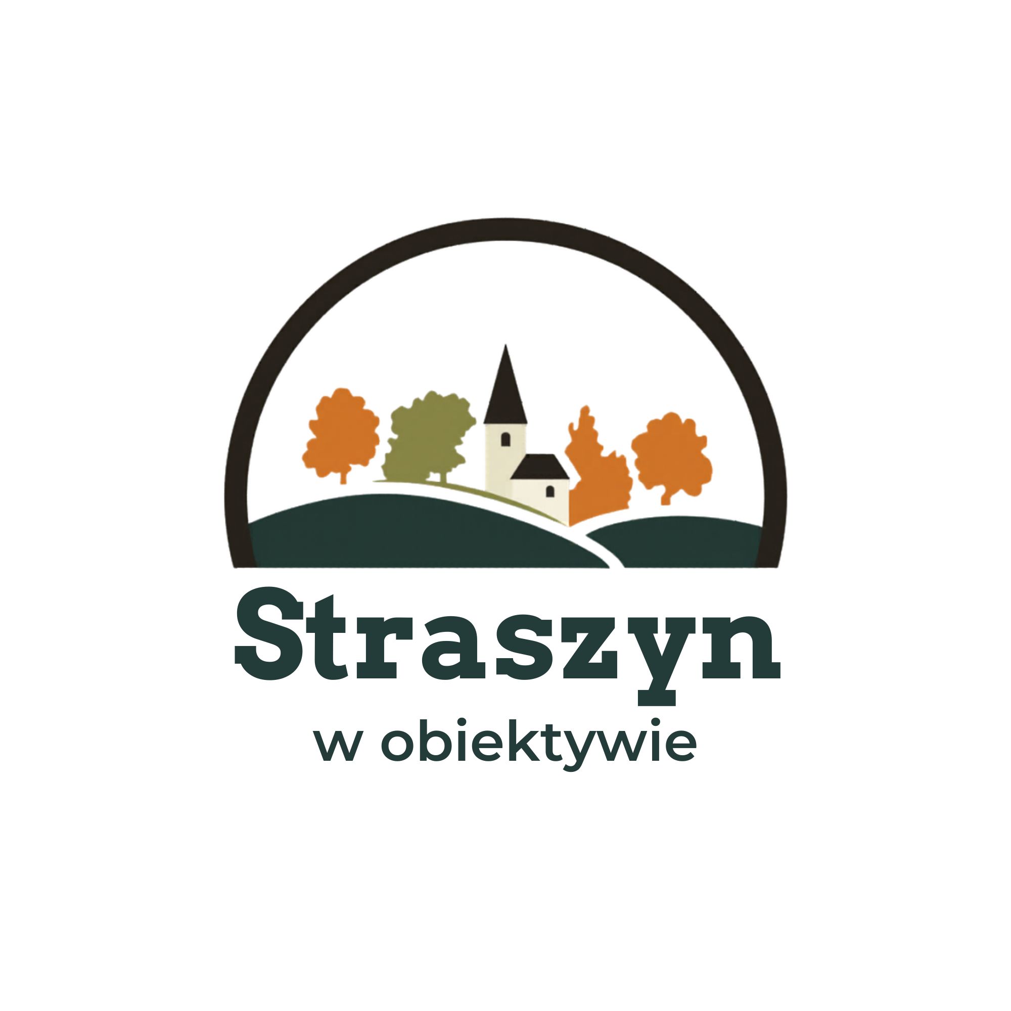 Logo konkursu przedstawiające wzgórza, drzewa jesienne oraz budynek z wieżą oraz nazwę konkursu Straszyn w obiektywie