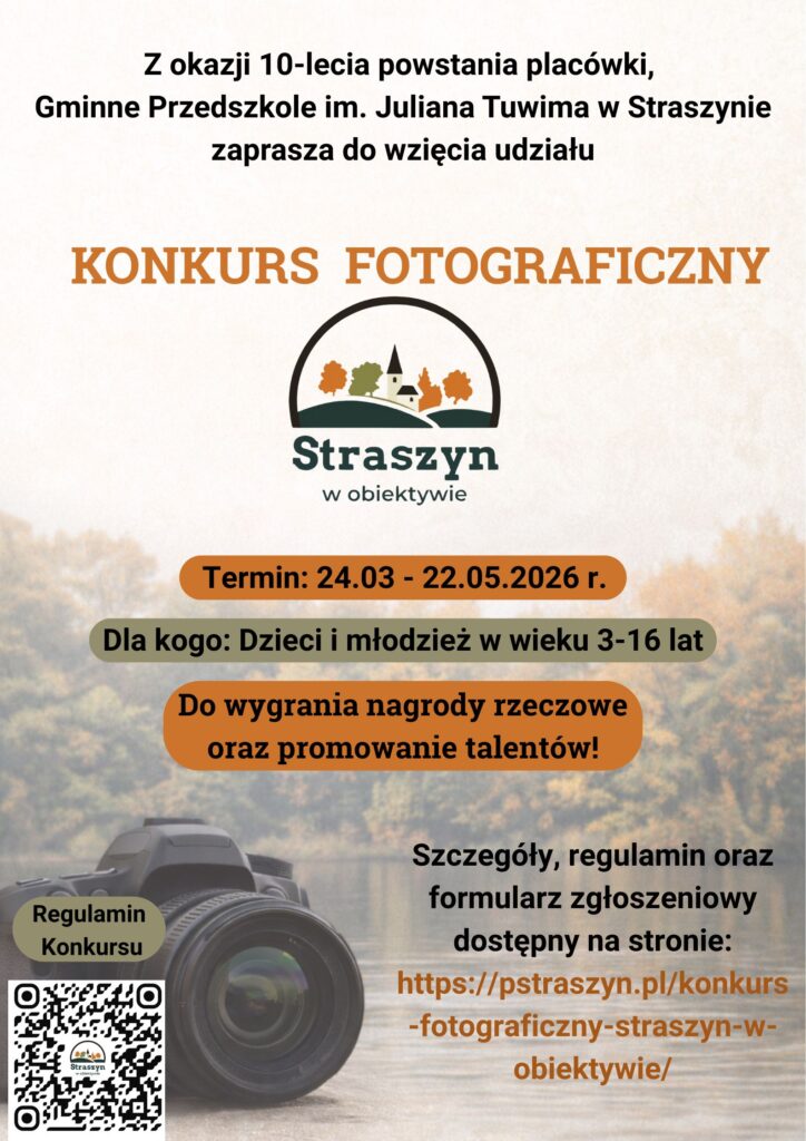Plakat konkursu fotograficznego przedstawiające wzgórza, drzewa jesienne oraz budynek z wieżą oraz nazwę konkursu Straszyn w obiektywie