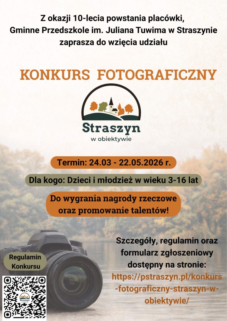 Plakat konkursu fotograficznego przedstawiające wzgórza, drzewa jesienne oraz budynek z wieżą oraz nazwę konkursu Straszyn w obiektywie