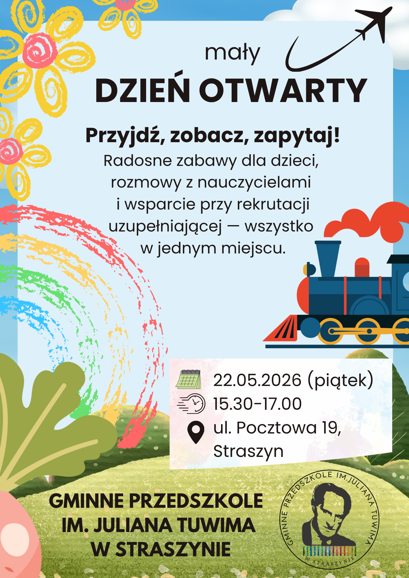 Plakat informujący o dniu otwartym w Gminnym Przedszkolu im. Juliana Tuwima w Straszynie